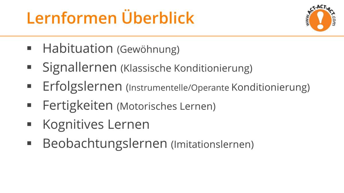 Psychologie Aufnahmetest Kapitel 6: Überblick Lernformen