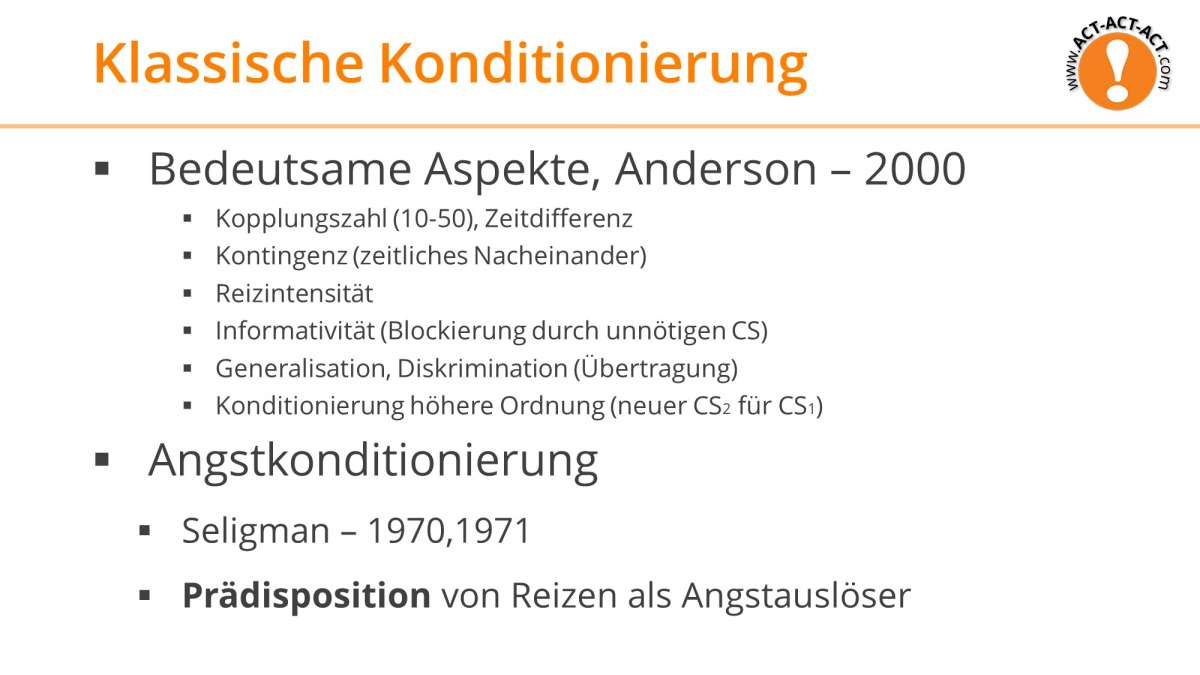 Psychologie Aufnahmetest Kapitel 6: Wichtige Aspekte der klassischen Konditionierung